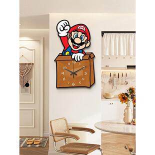 原木风客厅马里奥挂钟2026新款儿童房时钟装饰画创意餐厅钟表挂画