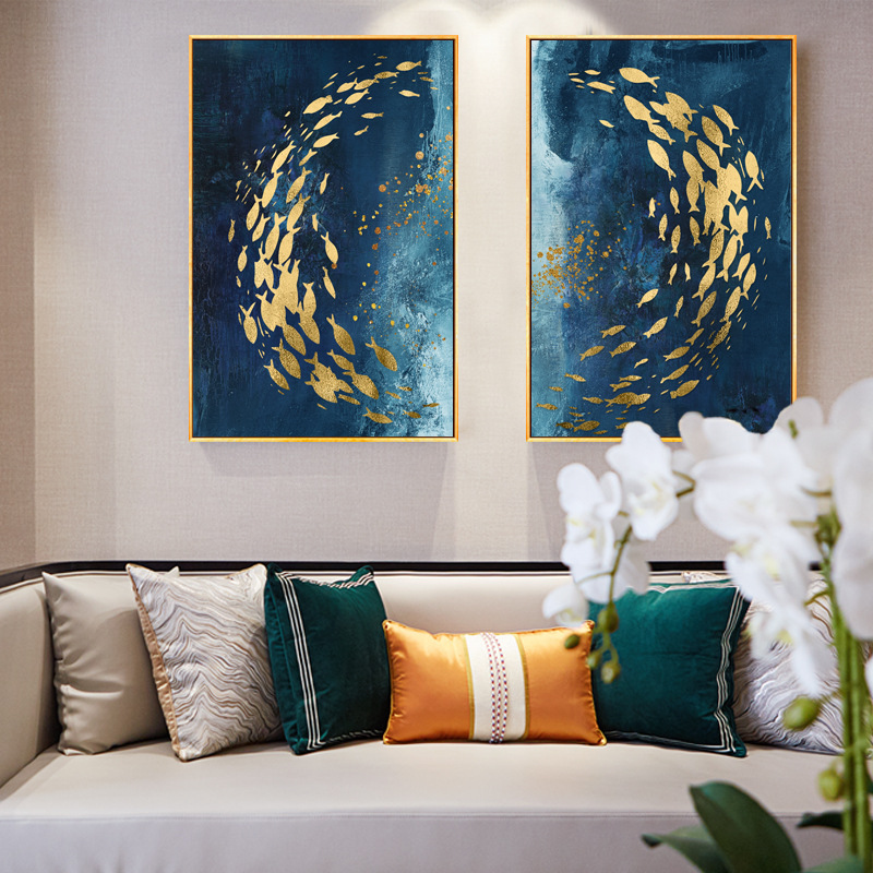 轻奢现代简约挂画鱼新中式背景墙装饰画餐厅客厅沙发玄关组合壁画图片