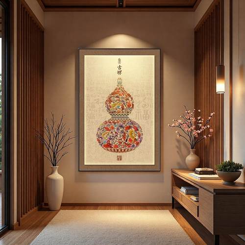 正对门葫芦玄关挂画入户沙发走廊装饰画书房餐厅客厅新中式现代