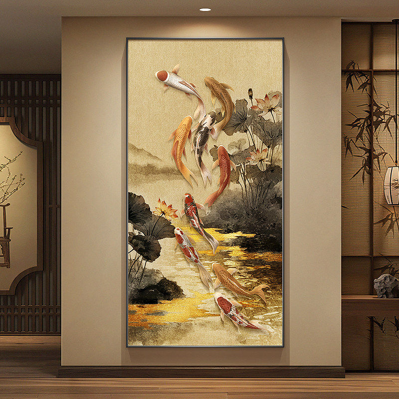 宋代美学九鱼图玄关装饰画荷花走廊过道挂画新中式锦鲤入户门壁画