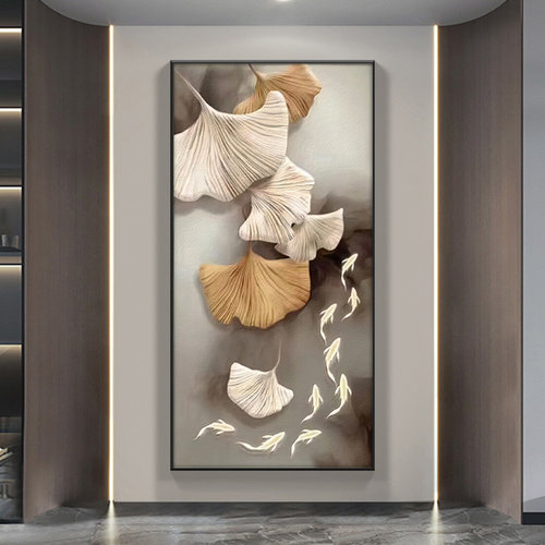 入户玄关装饰画2025新款现代高级银杏叶九鱼图走廊过道挂画正对门