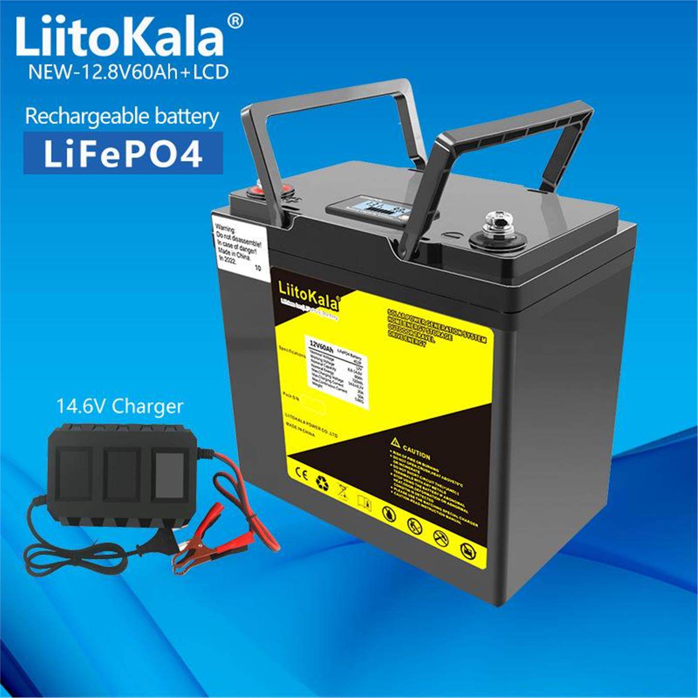 LiitoKala 12V60Ah LCD 磷酸铁锂电池3000次循环房车露营高尔夫车