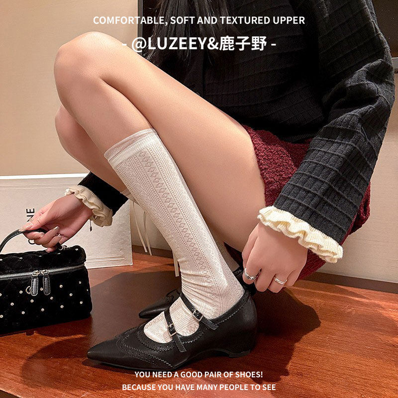 鹿子野女鞋法式玛丽珍鞋女一字带芭蕾舞鞋低跟单鞋尖头内增高鞋女