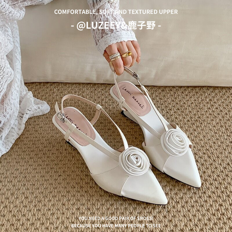 女夏真皮皱褶露趾高跟凉鞋