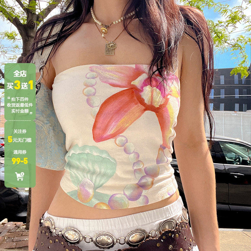 WEEKEEP 海岛度假风小众特色贝壳花朵印花抹胸百搭紧身显瘦短上衣