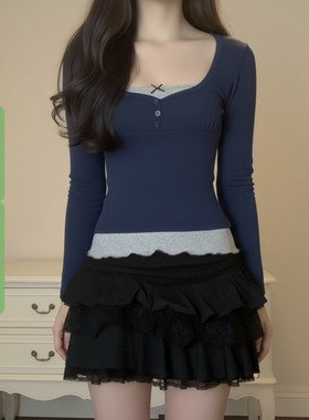 WEEKEEP 简约休闲撞色拼接假两件长袖T恤女百搭基础修身显瘦上衣