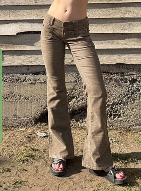 WEEKEEP 美式复古卡其色灯芯绒低腰休闲裤辣妹修身显瘦微喇长裤潮