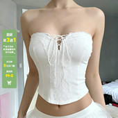WEEKEEP 纯欲少女白色蕾丝拼接镂空绑带抹胸百搭紧身收腰打底背心