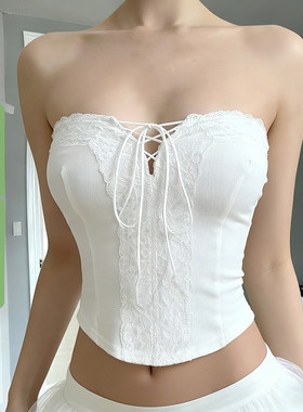 WEEKEEP 纯欲少女白色蕾丝拼接镂空绑带抹胸百搭紧身收腰打底背心