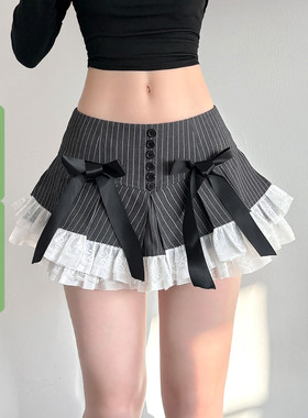WEEKEEP 法式少女条纹蝴蝶结蕾丝拼接半身裙低腰排扣A摆百褶短裙