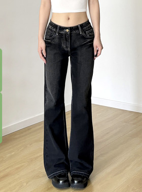 WEEKEEP 复古辣妹口袋刺绣水洗低腰牛仔裤百搭修身微喇显瘦长裤