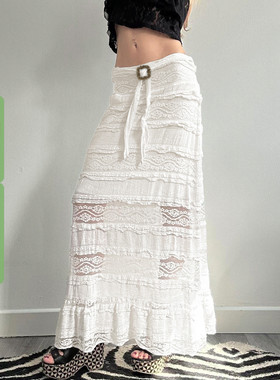 WEEKEEP 小众气质白色蕾丝垂感低腰半身裙百搭修身显瘦直筒长裙