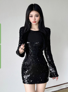 WEEKEEP 欧美风辣妹黑色亮片露背长袖连衣裙性感修身收腰包臀短裙