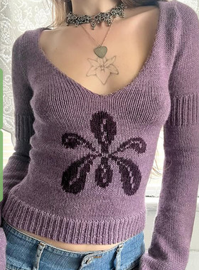 WEEKEEP 小众复古紫色V领花朵卷边长袖毛衣女百搭基础修身上衣秋