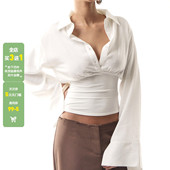 T恤女百搭基础修身 WEEKEEP 简约休闲白色翻领排扣收腰长袖 上衣秋