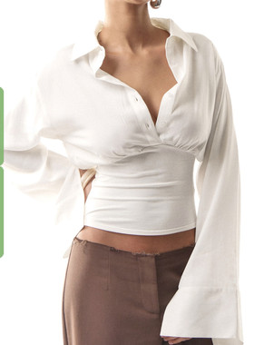 WEEKEEP 简约休闲白色翻领排扣收腰长袖T恤女百搭基础修身上衣秋