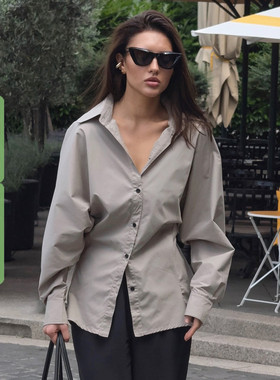 WEEKEEP 高级感简约灰色V领排扣收腰长袖衬衫女百搭宽松显瘦上衣