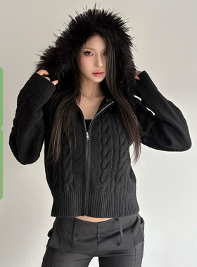 WEEKEEP 黑色百搭毛领拼接连帽麻花针织外套女简约修身收腰毛衣