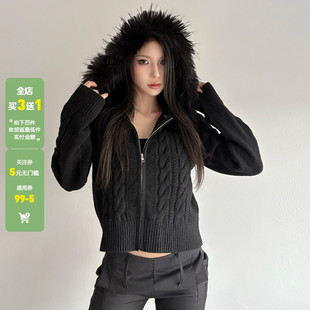 WEEKEEP 黑色百搭毛领拼接连帽麻花针织外套女简约修身收腰毛衣