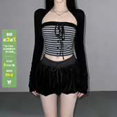 针织抹胸百搭长袖 WEEKEEP 韩系辣妹撞色条纹系带修身 坎肩两件套