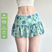 WEEKEEP 夏日辣妹蕾丝拼接蝴蝶结玫瑰印花迷你短裙百搭低腰半身裙