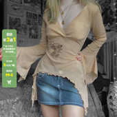 WEEKEEP 复古V领花卉印花不规则长袖 T恤女百搭轻薄微透收腰上衣