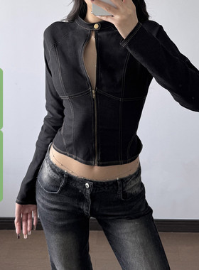 WEEKEEP 街头辣妹仿牛仔分割拉链长袖上衣百搭修身收腰短款T恤潮