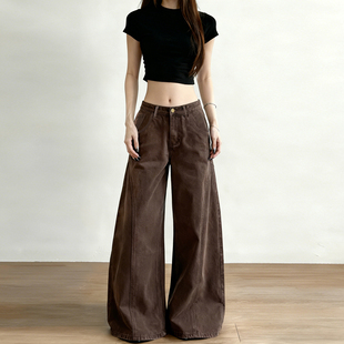 女百搭基础阔腿显瘦长裤 复古棕色分割低腰宽松牛仔裤 美式 WEEKEEP