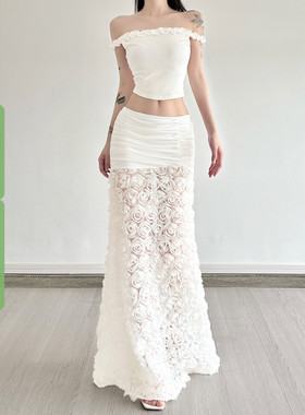 WEEKEEP 纯欲辣妹白色小众立体花拼接低腰半身裙百搭褶皱包臀长裙