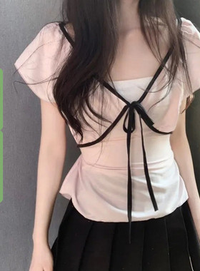 WEEKEEP 韩系少女V领撞色绑带蝴蝶结短袖T恤百搭气质修身收腰上衣