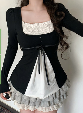 WEEKEEP 少女风撞色拼接假两件蝴蝶结长袖T恤百搭高腰A摆显瘦上衣