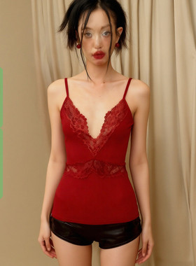 WEEKEEP 千禧辣妹红色性感V领蕾丝拼接针织吊带修身内搭打底背心