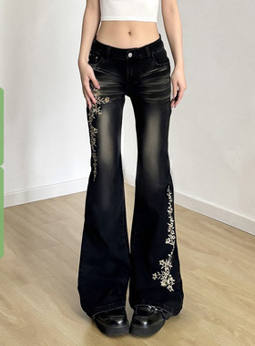 WEEKEEP 美式复古花卉刺绣水洗低腰牛仔裤辣妹修身微喇显瘦长裤