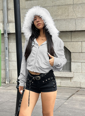 WEEKEEP 秋冬浅灰色毛领拼接连帽长袖卫衣女休闲修身收腰拉链外套