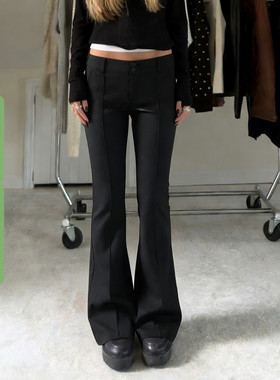 WEEKEEP 黑色简约基础低腰分割微喇休闲裤女百搭通勤修身显瘦长裤