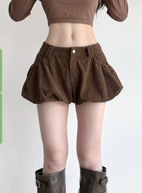 WEEKEEP 复古辣妹棕色灯芯绒低腰花苞短裤百搭基础宽松显瘦休闲裤
