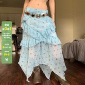 WEEKEEP 浅蓝色不规则网纱拼接碎花半身裙少女度假百搭显瘦中长裙