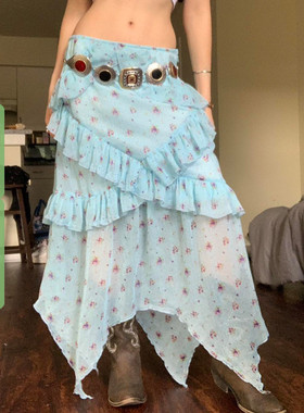 WEEKEEP 浅蓝色不规则网纱拼接碎花半身裙少女度假百搭显瘦中长裙