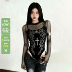 WEEKEEP 暗黑风辣妹网格镂空十字架印花丝绒紧身显瘦长袖连体衣潮