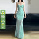 WEEKEEP 辣妹御姐风浅绿色V领吊带连衣裙复古收腰显瘦鱼尾长裙潮