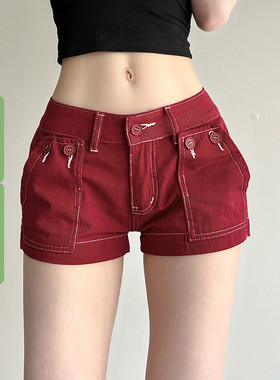 WEEKEEP 美式街头辣妹红色口袋设计低腰牛仔裤百搭修身包臀超短裤