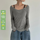 WEEKEEP 叠穿T恤秋 女简约基础修身 纯色百搭大U领天丝轻薄长袖 罩衫