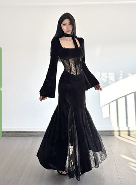 WEEKEEP 清冷黑色蕾丝拼接束腰方领连衣裙长袖修身性感大摆裙长裙
