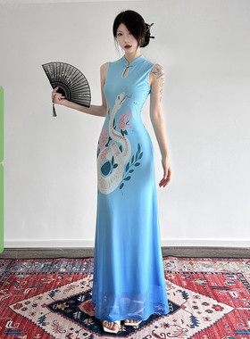 WEEKEEP 蓝色古典大蛇印花无袖旗袍裙网纱透气弹力修身显瘦连衣裙