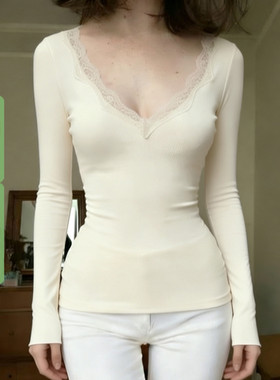 WEEKEEP 纯欲少女黄色蕾丝拼接V领长袖T恤女百搭基础修身打底上衣