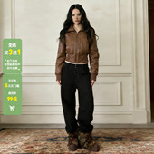 复古棕色翻领拉链螺纹拼接皮夹克女百搭收腰长袖 WEEKEEP 美式 外套