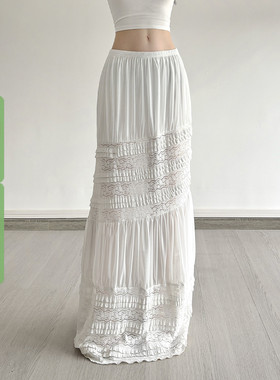 WEEKEEP 波嬉风白色重工蕾丝拼接网纱半身裙低腰修身A摆垂感长裙