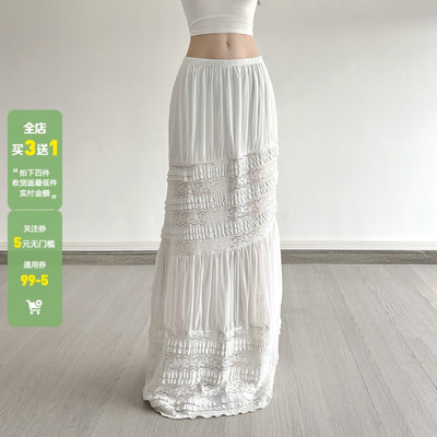 WEEKEEP 波嬉风白色重工蕾丝拼接网纱半身裙低腰修身A摆垂感长裙