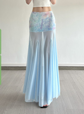 WEEKEEP 海岛度假风辣妹印花网纱拼接半身裙百搭低腰包臀鱼尾长裙