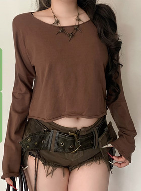 WEEKEEP 纯色简约基础圆领卷边长袖毛织上衣女百搭宽松短款T恤